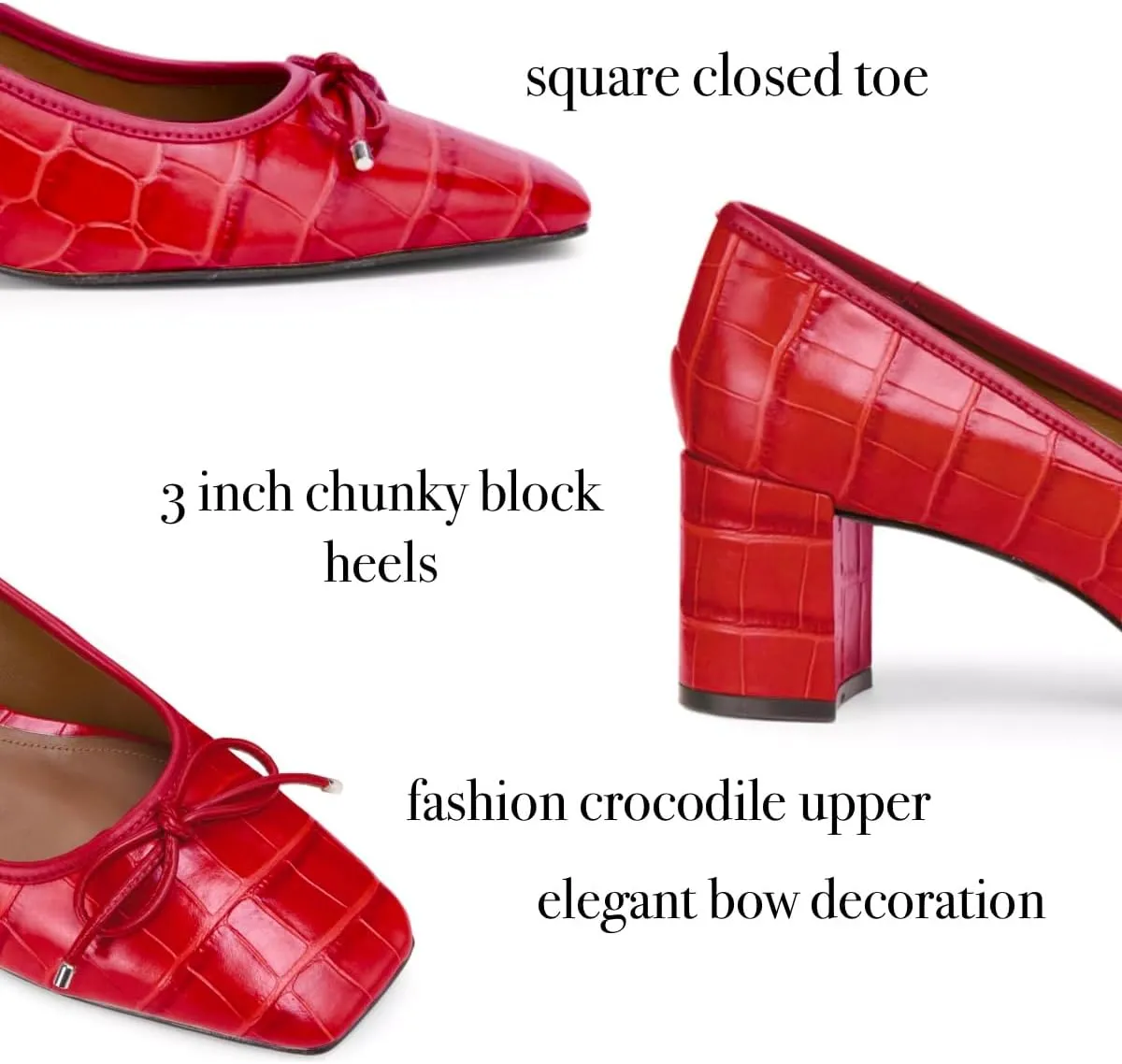 Women Fashion Chunky High Heel Pumps Square Toe Bow Dress Pumps Crocodile Closed Toe Heeled Sandals 3 Inch Block Heels Slip On Dress Shoes Sexy Comfy Office Ladies Party 4-11 M US