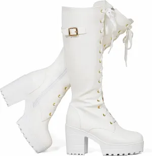 Women Fashion Platform Block Heels Knee High Boots Lace up