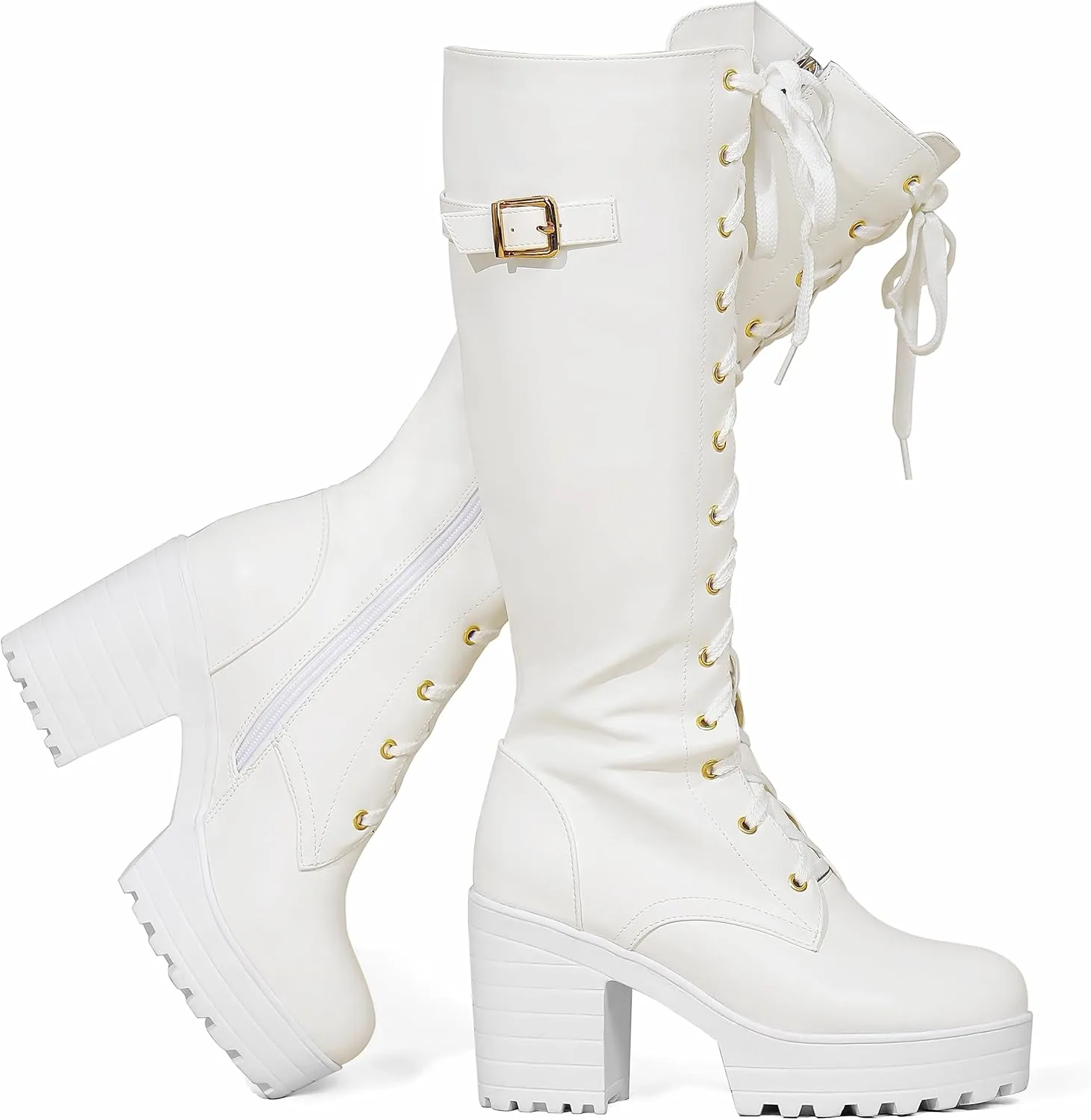 Women Fashion Platform Block Heels Knee High Boots Lace up