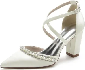 Women Pointed High Heel Pumps Crisscross Straps Satin Chunky Block Heel Wedding Pearls Bridal Evening Party Dress Shoes