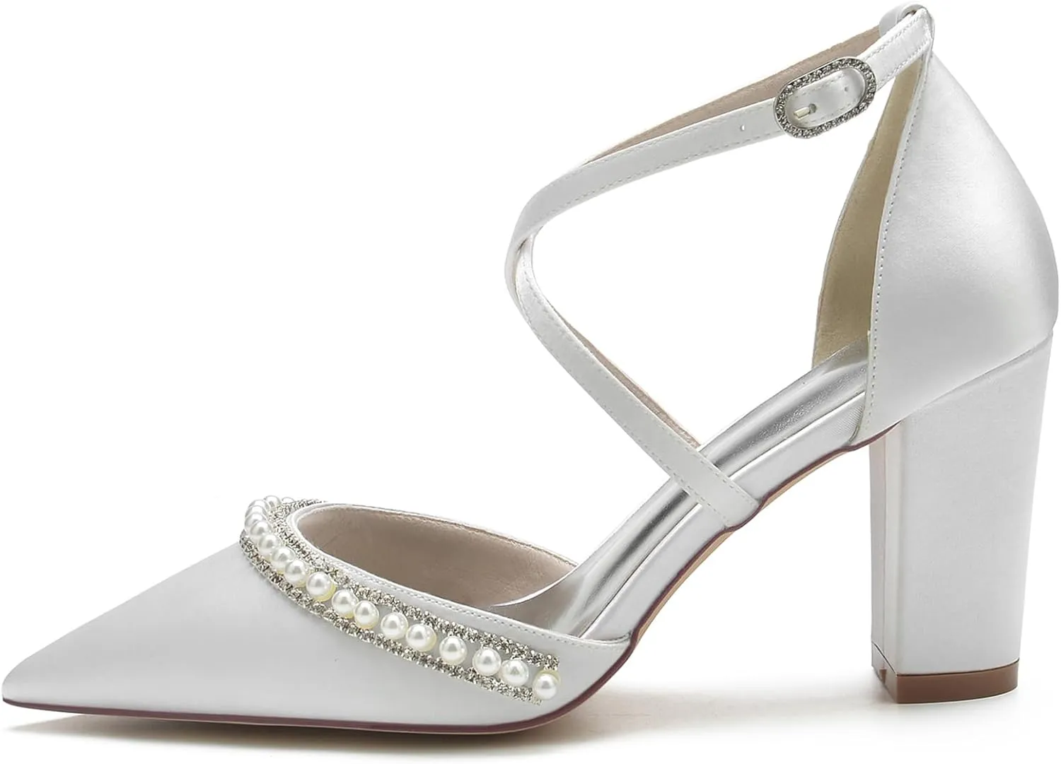 Women Pointed High Heel Pumps Crisscross Straps Satin Chunky Block Heel Wedding Pearls Bridal Evening Party Dress Shoes
