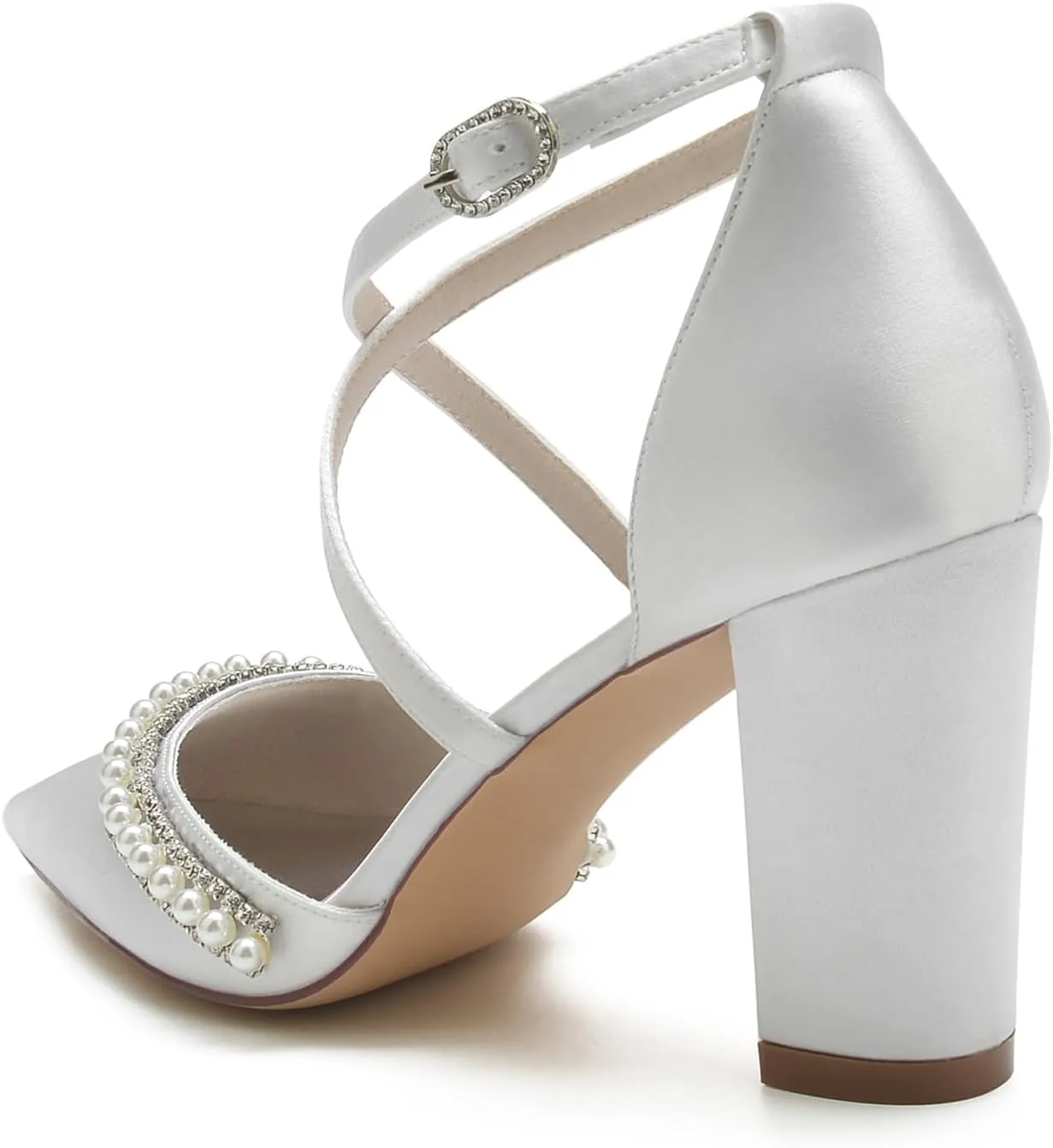 Women Pointed High Heel Pumps Crisscross Straps Satin Chunky Block Heel Wedding Pearls Bridal Evening Party Dress Shoes