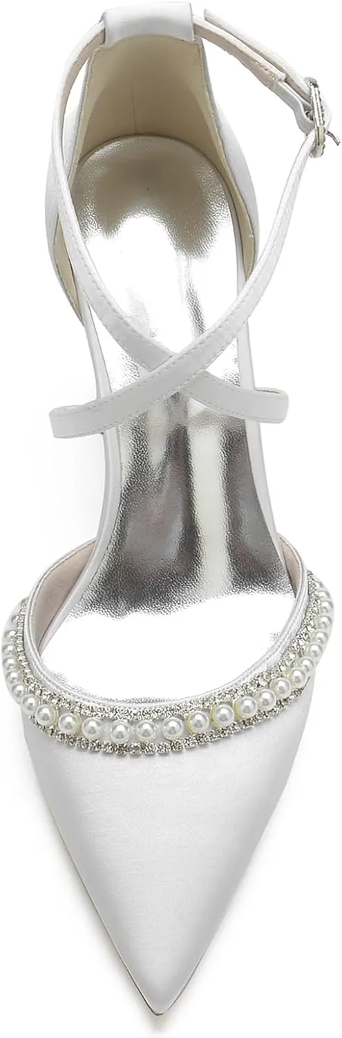 Women Pointed High Heel Pumps Crisscross Straps Satin Chunky Block Heel Wedding Pearls Bridal Evening Party Dress Shoes