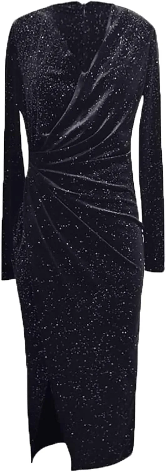 Women Sexy Sequins Evening Dress Wrap V-Neck Ruched Long Sleeve Glitter Cocktail Party Formal Gowns with High Split