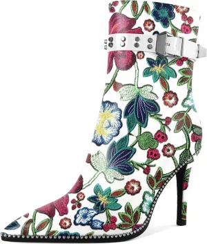 Women Stiletto High Heel Beaded Ankle Boots Pointed Toe Side Zipper Buckle Matte Leather Dress Booties 3.5 Inch