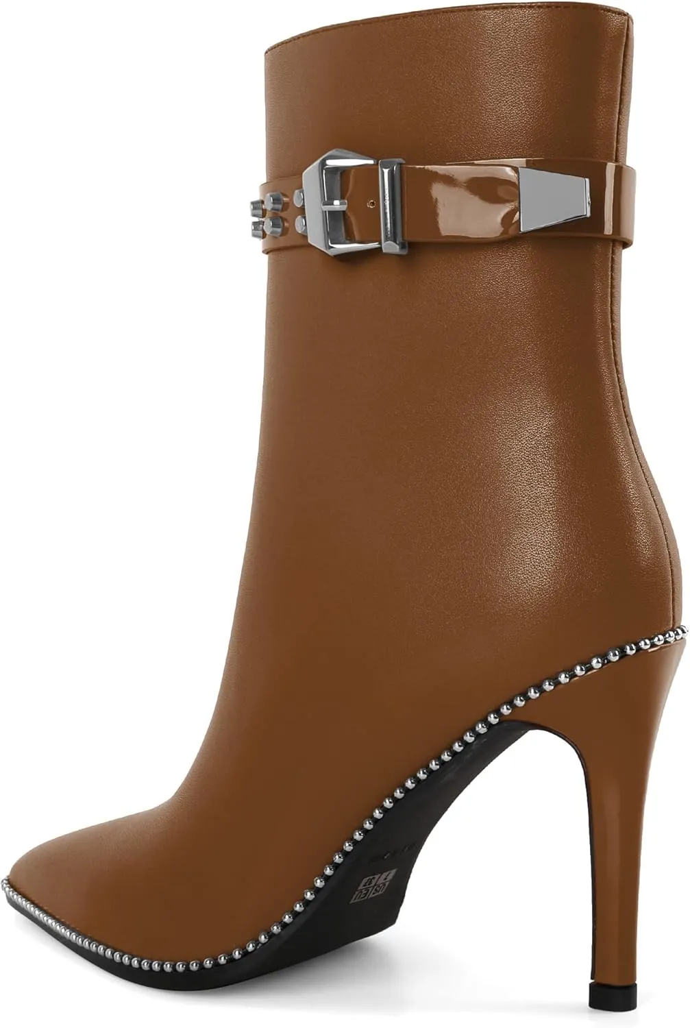 Women Stiletto High Heel Beaded Ankle Boots Pointed Toe Side Zipper Buckle Matte Leather Dress Booties 3.5 Inch