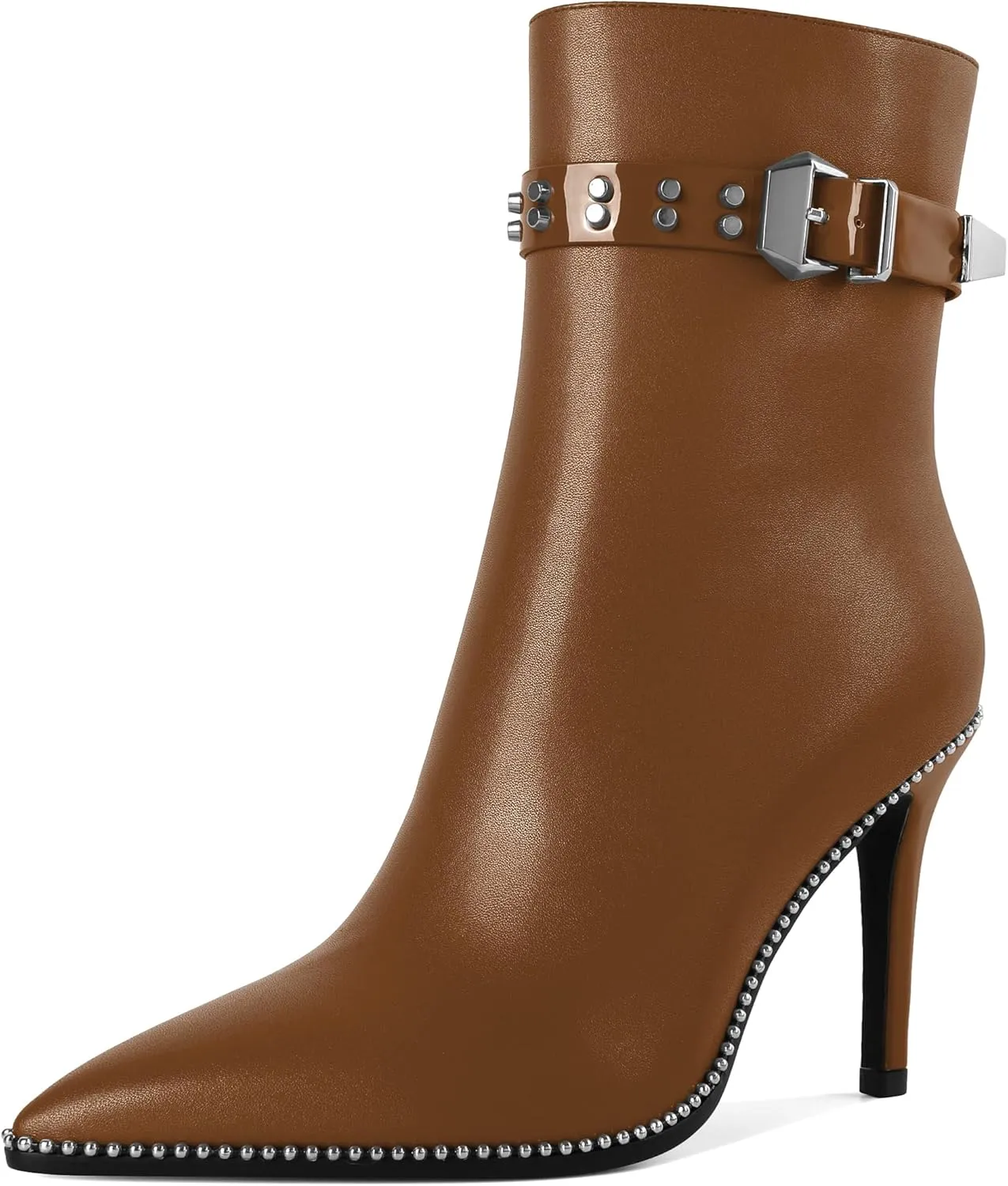 Women Stiletto High Heel Beaded Ankle Boots Pointed Toe Side Zipper Buckle Matte Leather Dress Booties 3.5 Inch