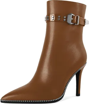 Women Stiletto High Heel Beaded Ankle Boots Pointed Toe Side Zipper Buckle Matte Leather Dress Booties 3.5 Inch