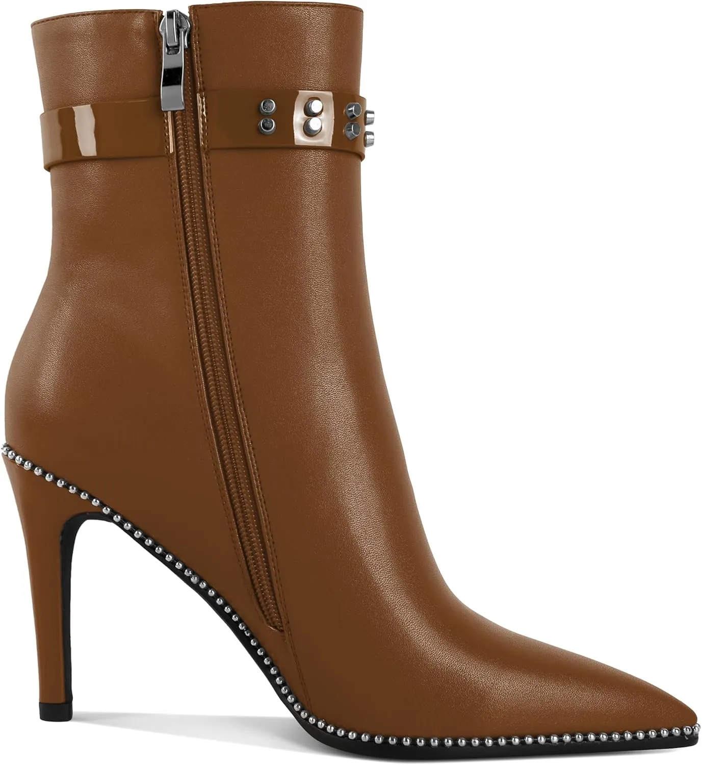 Women Stiletto High Heel Beaded Ankle Boots Pointed Toe Side Zipper Buckle Matte Leather Dress Booties 3.5 Inch