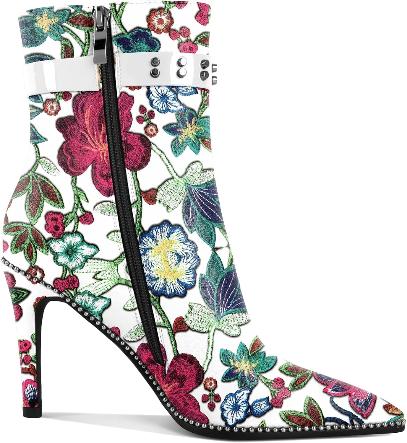 Women Stiletto High Heel Beaded Ankle Boots Pointed Toe Side Zipper Buckle Matte Leather Dress Booties 3.5 Inch