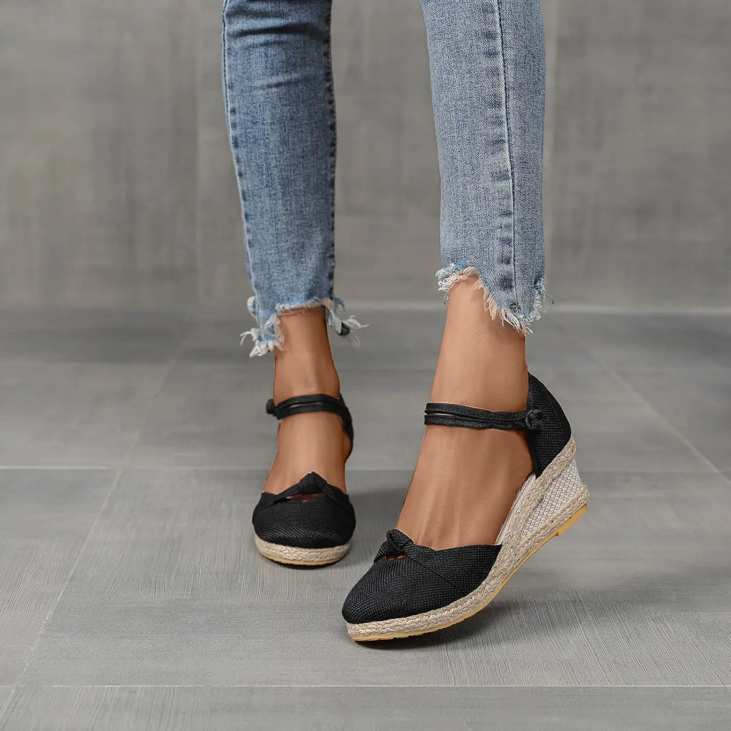 Women Vintage Wedge Heel Shoes Summer Hemp Rope Beach Sandal Slip on Mid Heeled Point Toe Dressy Single Shoe
