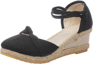 Women Vintage Wedge Heel Shoes Summer Hemp Rope Beach Sandal Slip on Mid Heeled Point Toe Dressy Single Shoe