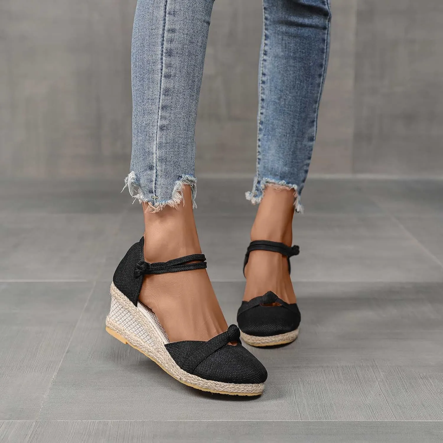 Women Vintage Wedge Heel Shoes Summer Hemp Rope Beach Sandal Slip on Mid Heeled Point Toe Dressy Single Shoe