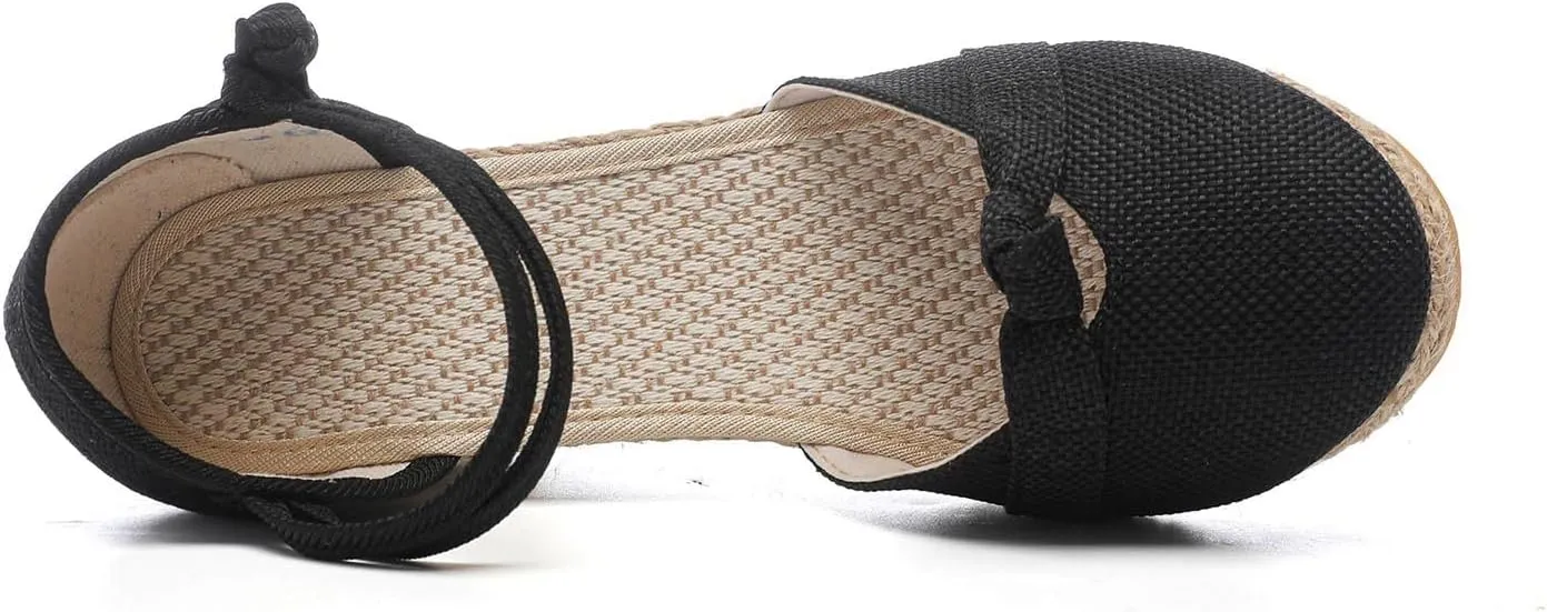 Women Vintage Wedge Heel Shoes Summer Hemp Rope Beach Sandal Slip on Mid Heeled Point Toe Dressy Single Shoe