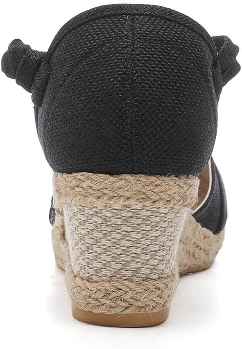 Women Vintage Wedge Heel Shoes Summer Hemp Rope Beach Sandal Slip on Mid Heeled Point Toe Dressy Single Shoe