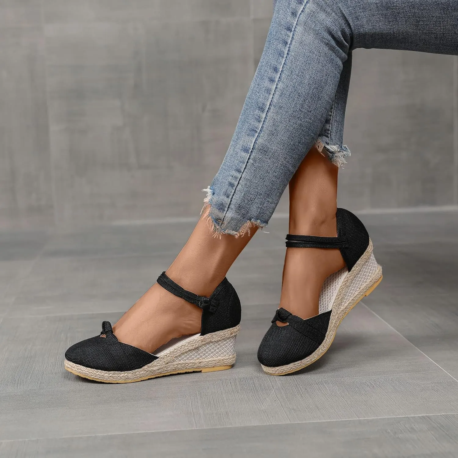 Women Vintage Wedge Heel Shoes Summer Hemp Rope Beach Sandal Slip on Mid Heeled Point Toe Dressy Single Shoe