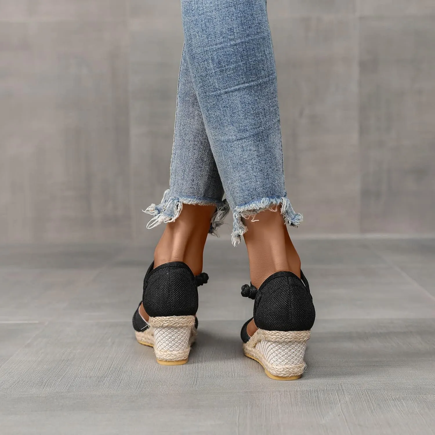 Women Vintage Wedge Heel Shoes Summer Hemp Rope Beach Sandal Slip on Mid Heeled Point Toe Dressy Single Shoe