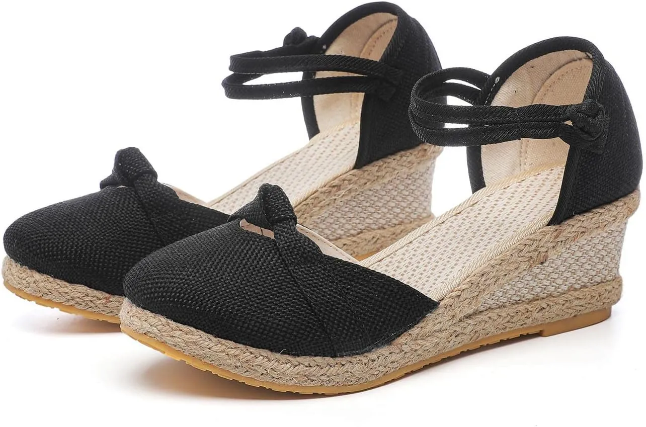 Women Vintage Wedge Heel Shoes Summer Hemp Rope Beach Sandal Slip on Mid Heeled Point Toe Dressy Single Shoe