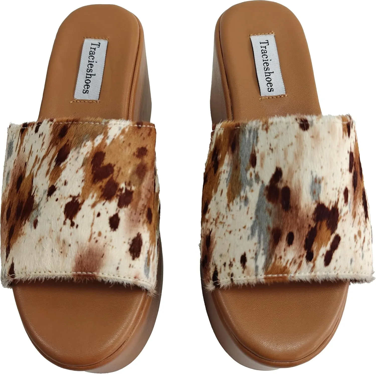 Women's 3.3-Inch Real Pony Hair Slip-On Platform Sandals, Thick Outsole Slides Sandals For Women