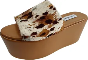 Women's 3.3-Inch Real Pony Hair Slip-On Platform Sandals, Thick Outsole Slides Sandals For Women