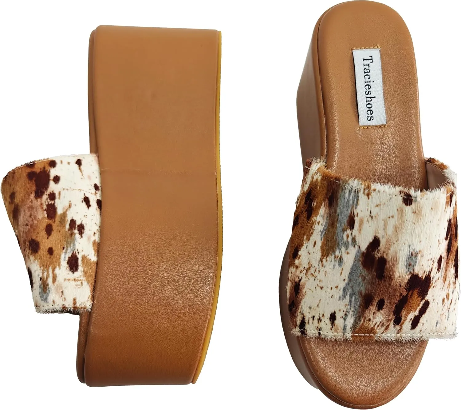 Women's 3.3-Inch Real Pony Hair Slip-On Platform Sandals, Thick Outsole Slides Sandals For Women