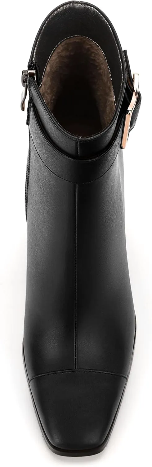 Womens Ankle Boots, Square Toe Chunky Heel Short Booties for Women, High Heel Ankle Boots With Strap and Buckle, Inside Zipper Closure 3.5"