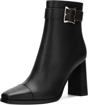 Womens Ankle Boots, Square Toe Chunky Heel Short Booties for Women, High Heel Ankle Boots With Strap and Buckle, Inside Zipper Closure 3.5"
