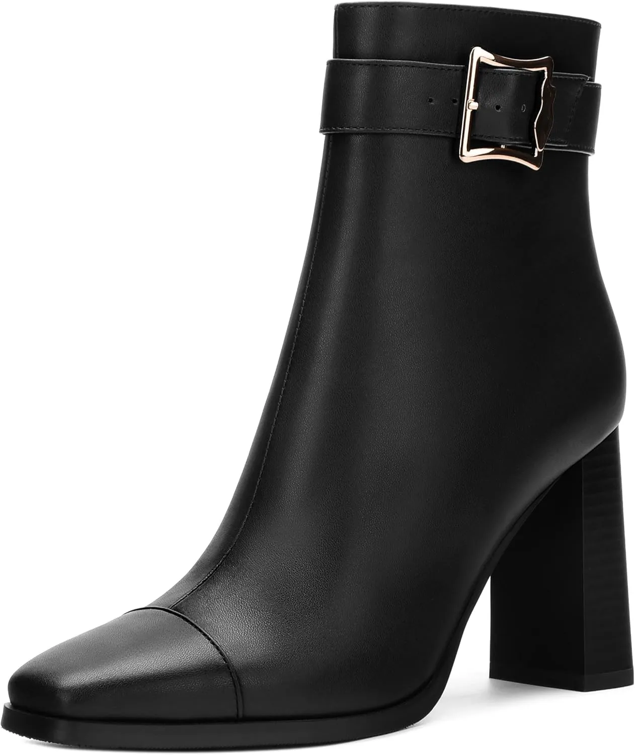 Womens Ankle Boots, Square Toe Chunky Heel Short Booties for Women, High Heel Ankle Boots With Strap and Buckle, Inside Zipper Closure 3.5"