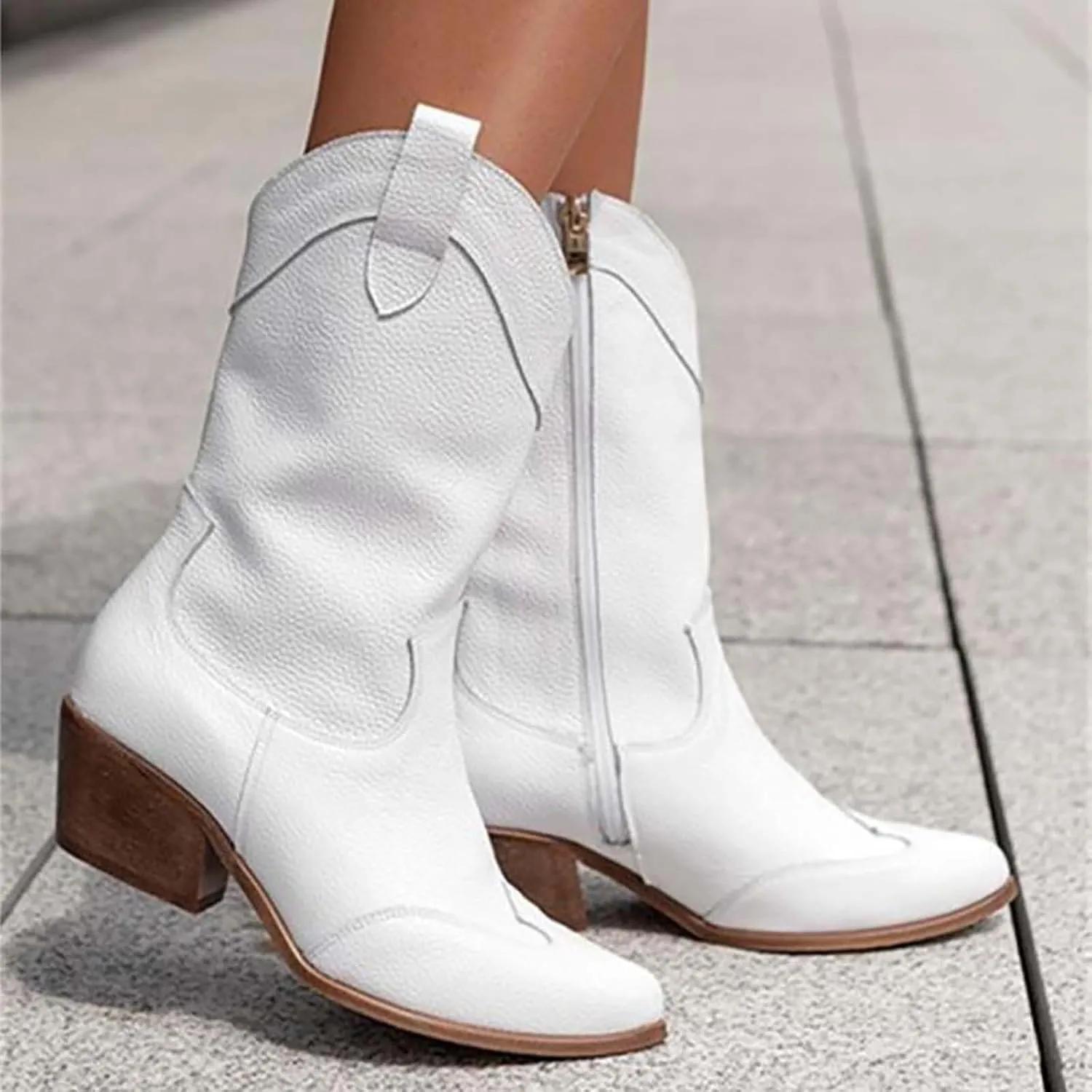 Womens Ankle Cowboy Boots Closed Toe Stacked Heel Booties Shoes Western Round Toe Suede Wide Width Flat Womens Boots Mid Calf Slouchy Winter Boots for Women