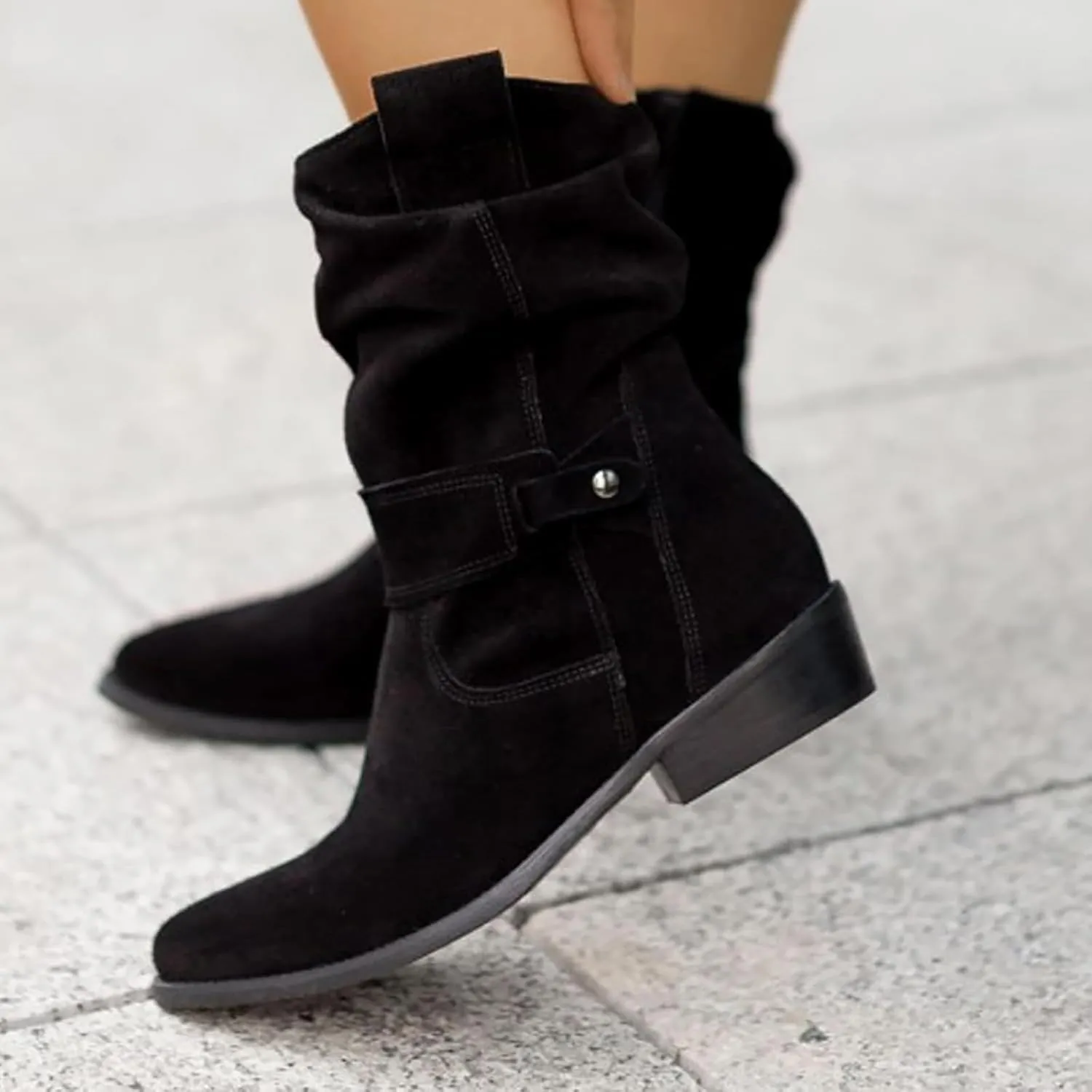 Womens Ankle Cowboy Boots Closed Toe Stacked Heel Booties Shoes Western Round Toe Suede Wide Width Flat Womens Boots Mid Calf Slouchy Winter Boots for Women