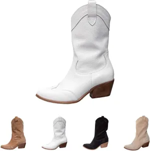 Womens Ankle Cowboy Boots Closed Toe Stacked Heel Booties Shoes Western Round Toe Suede Wide Width Flat Womens Boots Mid Calf Slouchy Winter Boots for Women