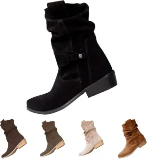 Womens Ankle Cowboy Boots Closed Toe Stacked Heel Booties Shoes Western Round Toe Suede Wide Width Flat Womens Boots Mid Calf Slouchy Winter Boots for Women