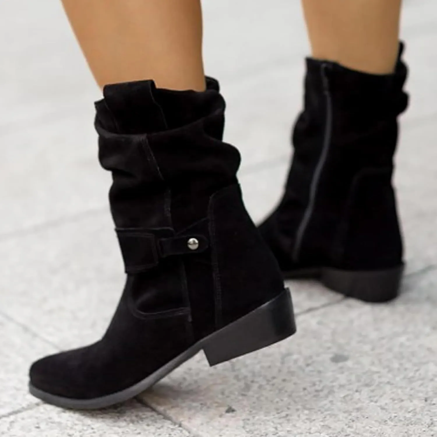 Womens Ankle Cowboy Boots Closed Toe Stacked Heel Booties Shoes Western Round Toe Suede Wide Width Flat Womens Boots Mid Calf Slouchy Winter Boots for Women