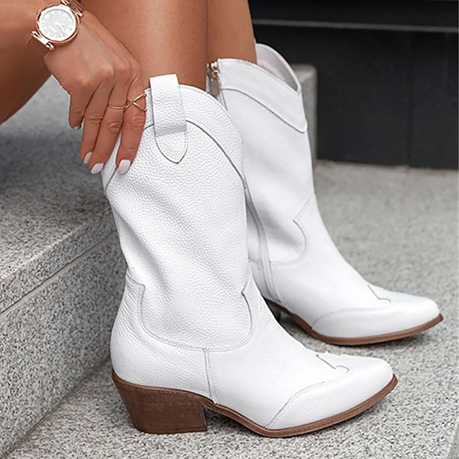Womens Ankle Cowboy Boots Closed Toe Stacked Heel Booties Shoes Western Round Toe Suede Wide Width Flat Womens Boots Mid Calf Slouchy Winter Boots for Women