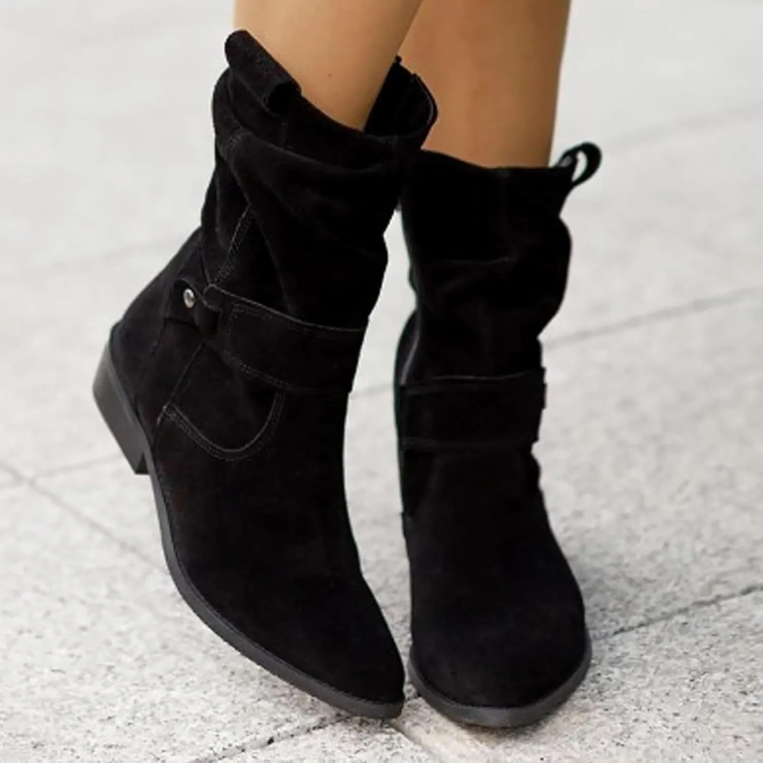 Womens Ankle Cowboy Boots Closed Toe Stacked Heel Booties Shoes Western Round Toe Suede Wide Width Flat Womens Boots Mid Calf Slouchy Winter Boots for Women