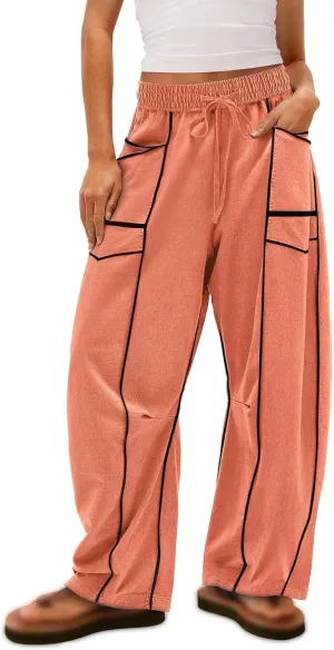 Womens Barrel Sweatpants Casual Summer Elastic High Waisted Drawstring Wide Leg Palazzo Pants Cargo Pants