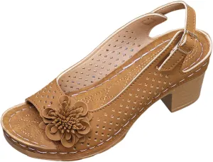 Womens Block Heel Sandals Summer Dressy Fish Mouth Flowers Ankle Buckle Strap Chunky Block Heel Comfortable Hollow Out Platform Wedge Sandals