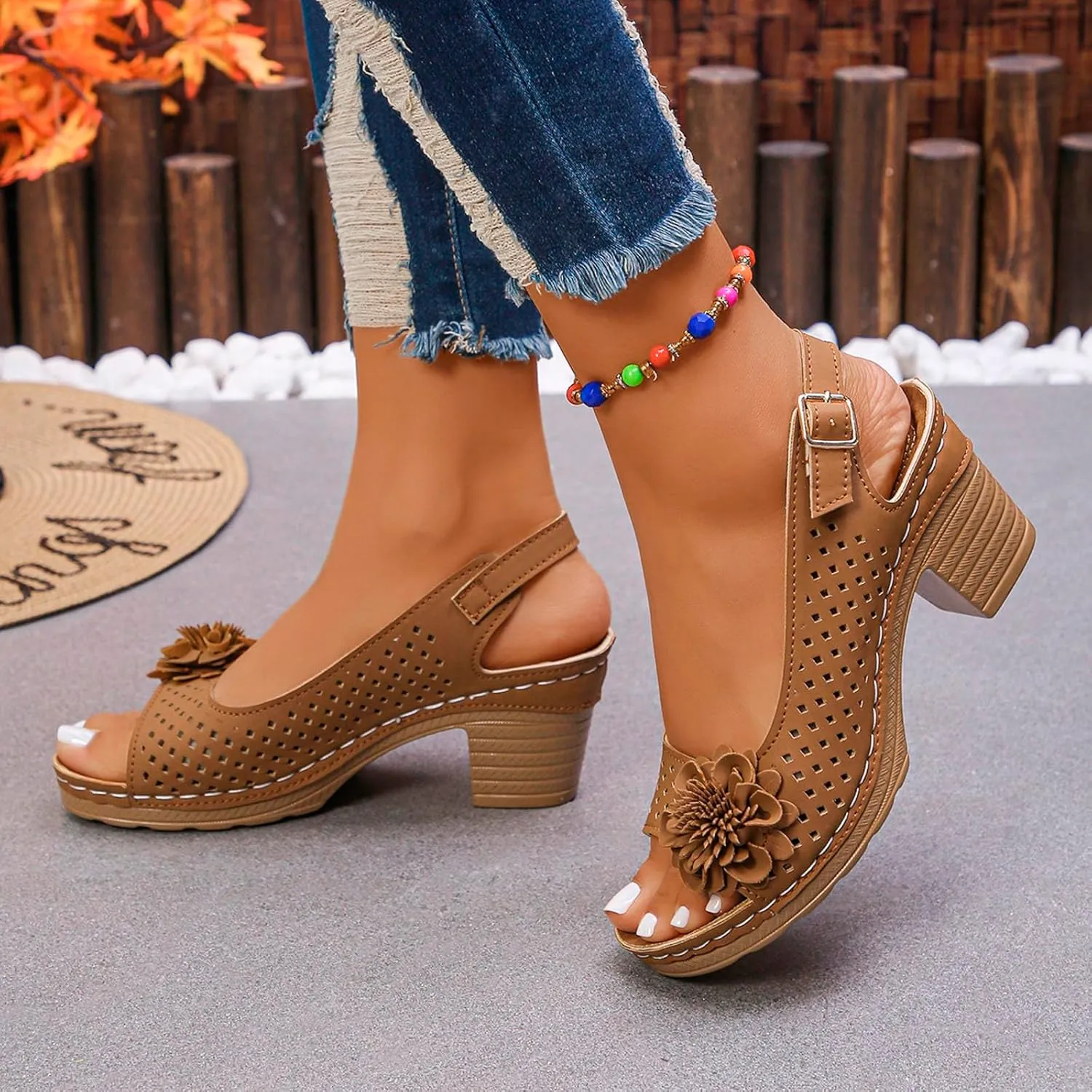 Womens Block Heel Sandals Summer Dressy Fish Mouth Flowers Ankle Buckle Strap Chunky Block Heel Comfortable Hollow Out Platform Wedge Sandals