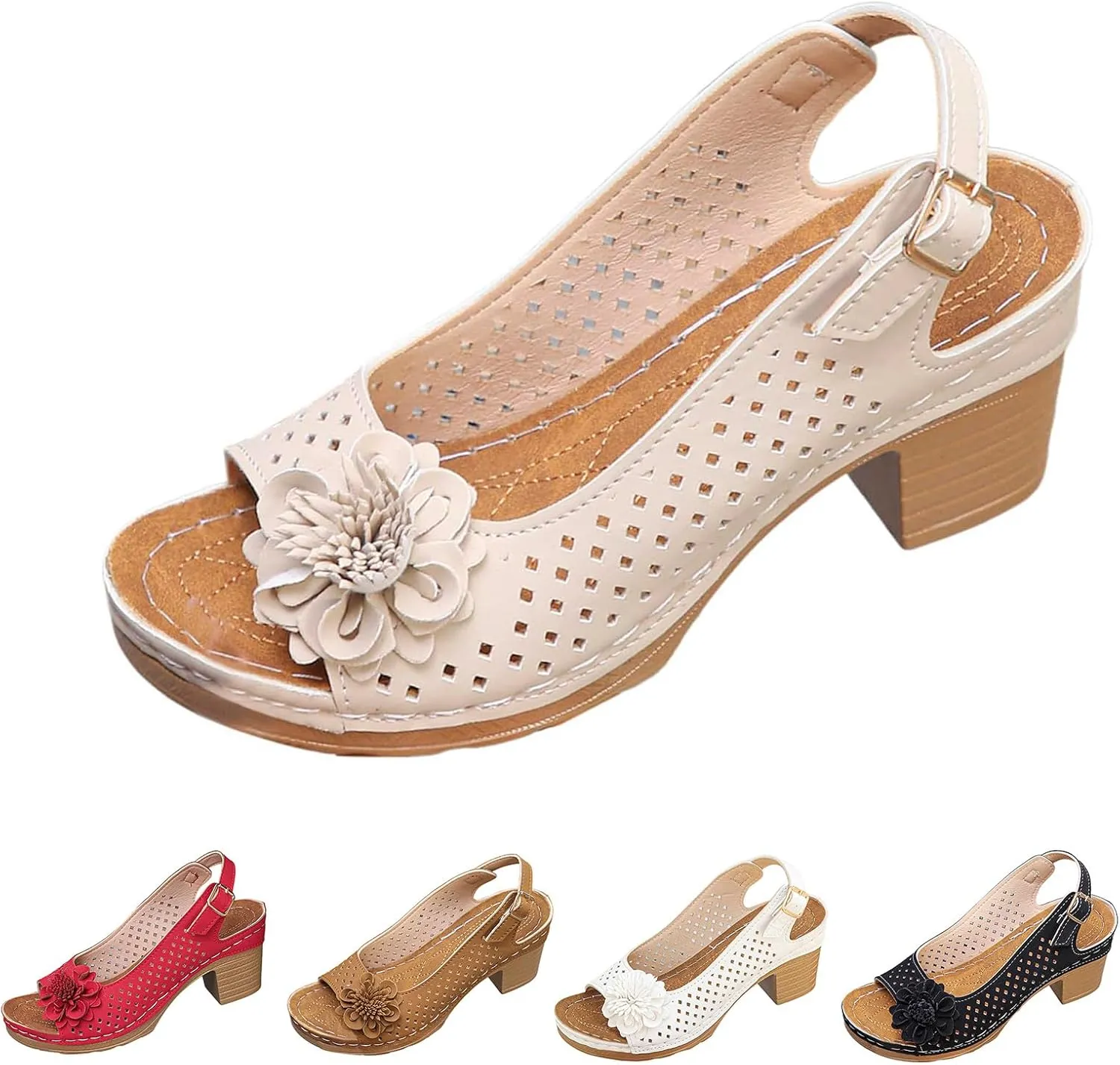 Womens Block Heel Sandals Summer Dressy Fish Mouth Flowers Ankle Buckle Strap Chunky Block Heel Comfortable Hollow Out Platform Wedge Sandals