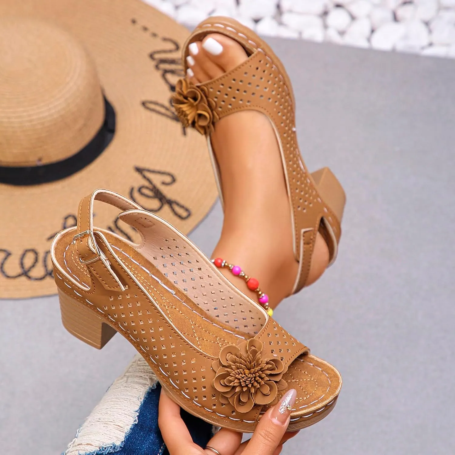Womens Block Heel Sandals Summer Dressy Fish Mouth Flowers Ankle Buckle Strap Chunky Block Heel Comfortable Hollow Out Platform Wedge Sandals