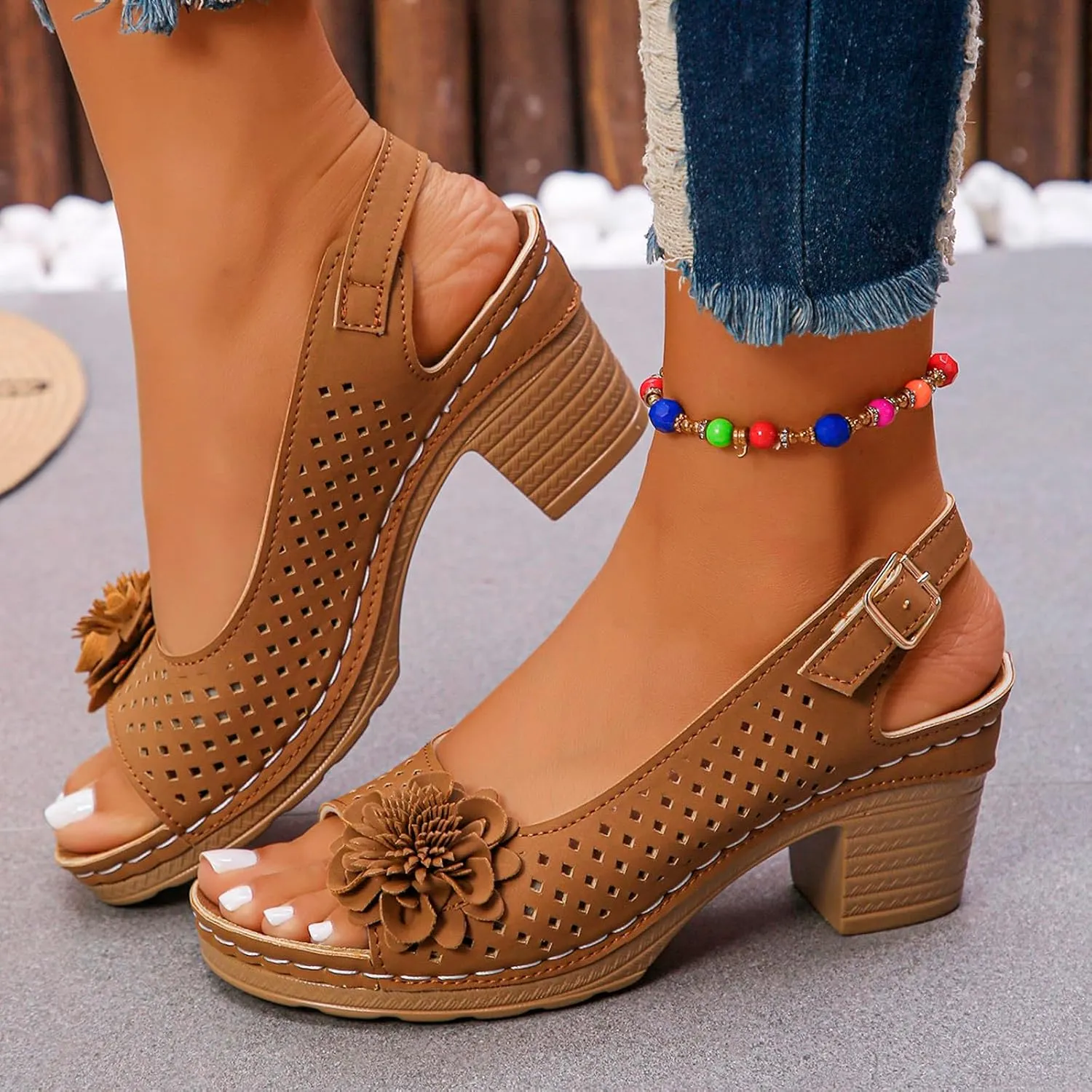 Womens Block Heel Sandals Summer Dressy Fish Mouth Flowers Ankle Buckle Strap Chunky Block Heel Comfortable Hollow Out Platform Wedge Sandals