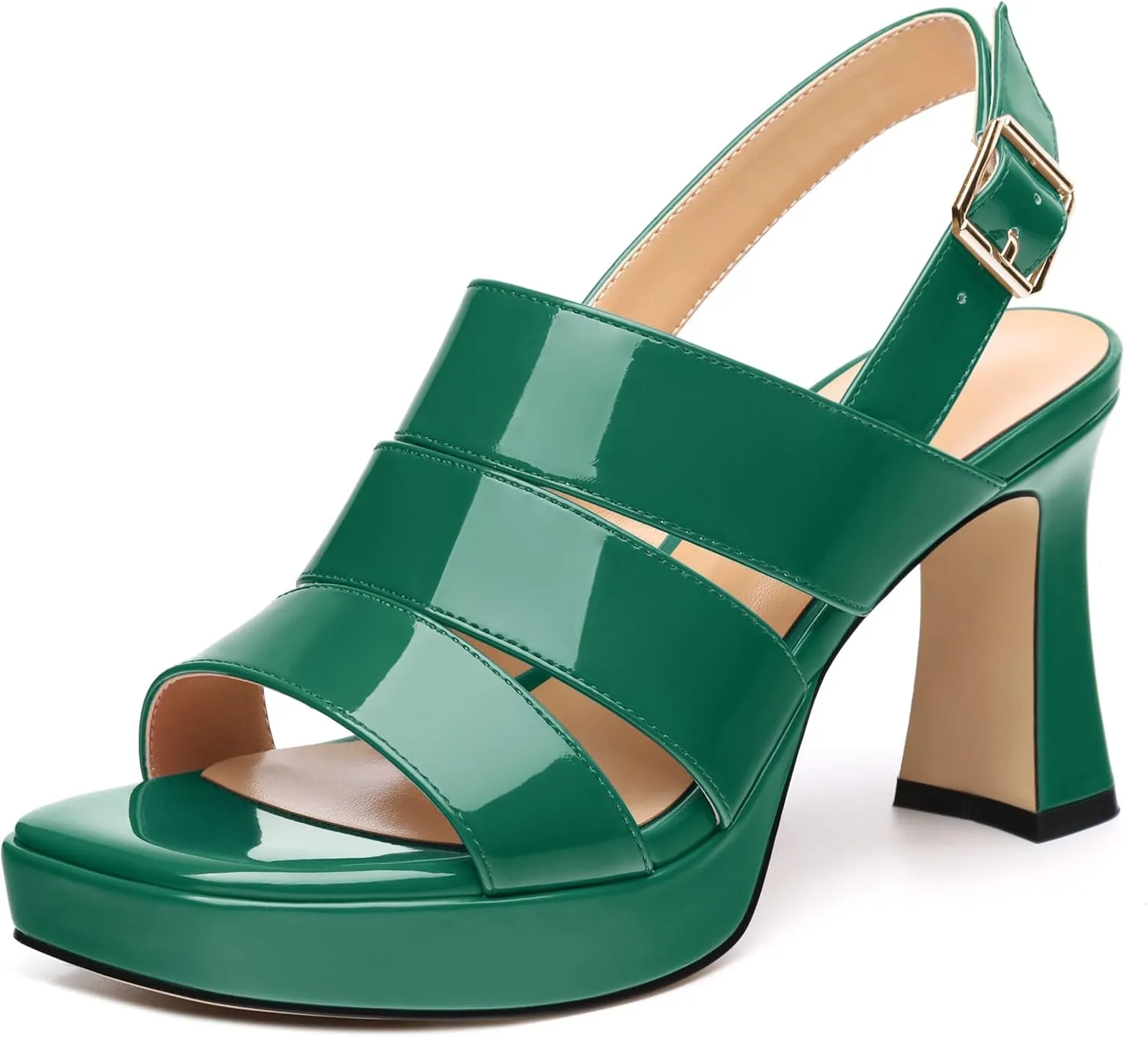 Womens Block High Heel Platform Sandals, Patent Open Toe Ankle Strap Sandals, Womens Dressy Comfort Slingback Sandals 3.3IN