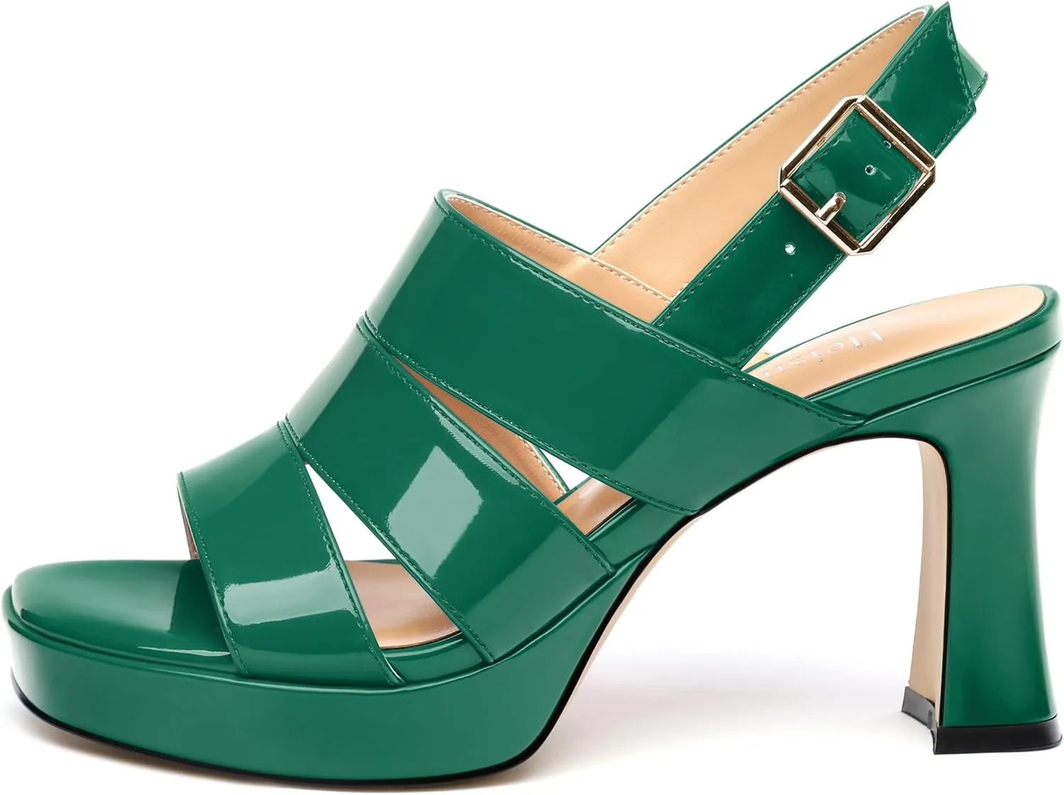Womens Block High Heel Platform Sandals, Patent Open Toe Ankle Strap Sandals, Womens Dressy Comfort Slingback Sandals 3.3IN