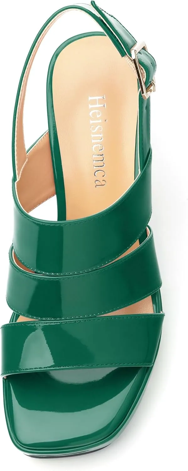Womens Block High Heel Platform Sandals, Patent Open Toe Ankle Strap Sandals, Womens Dressy Comfort Slingback Sandals 3.3IN