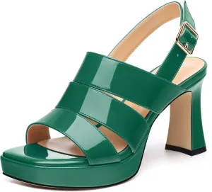 Womens Block High Heel Platform Sandals, Patent Open Toe Ankle Strap Sandals, Womens Dressy Comfort Slingback Sandals 3.3IN