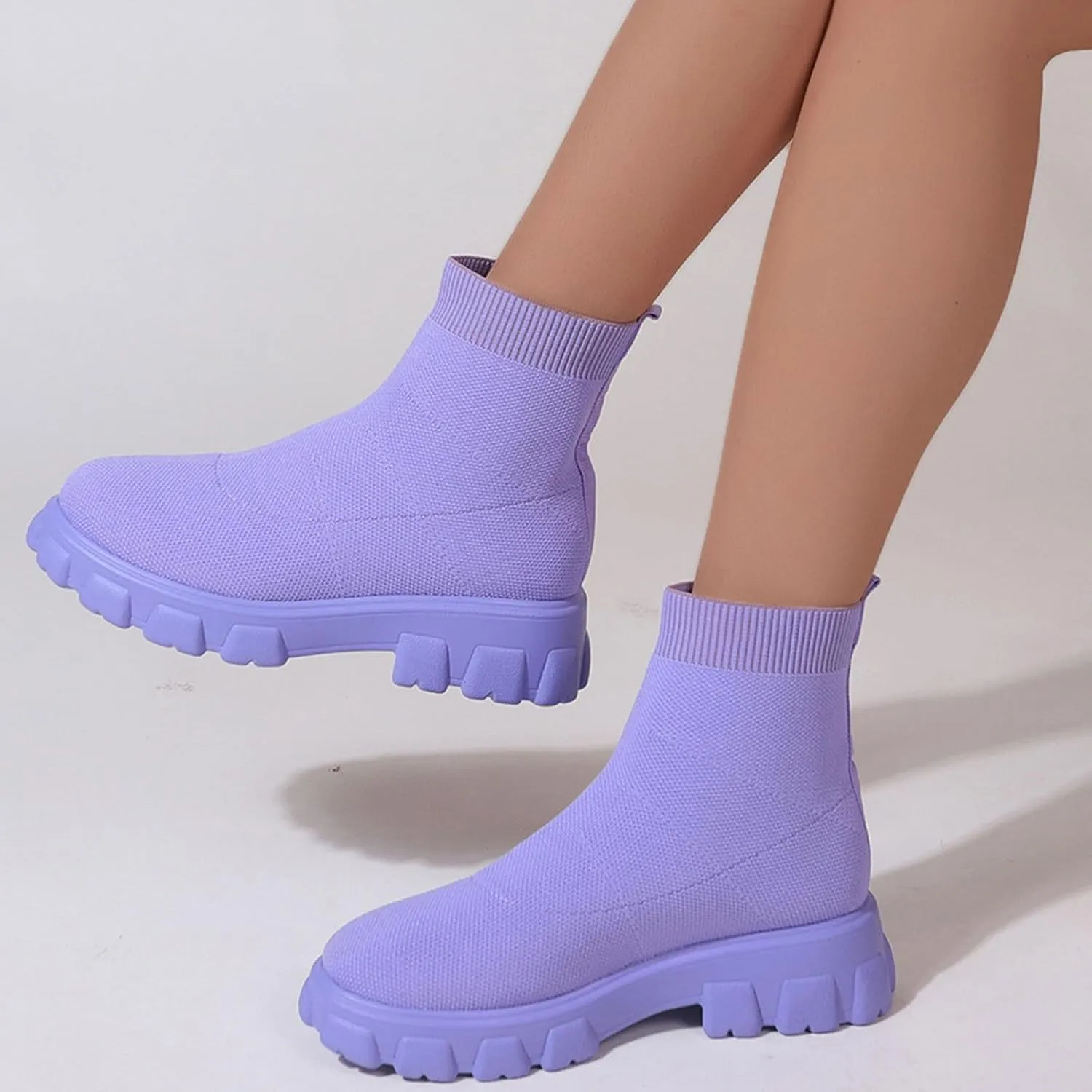 Womens Booties Low Heel Knit Boots Platform Ankle Boots Women's Boots Elastic Platform Ankle Booties Chunky Heel Boots