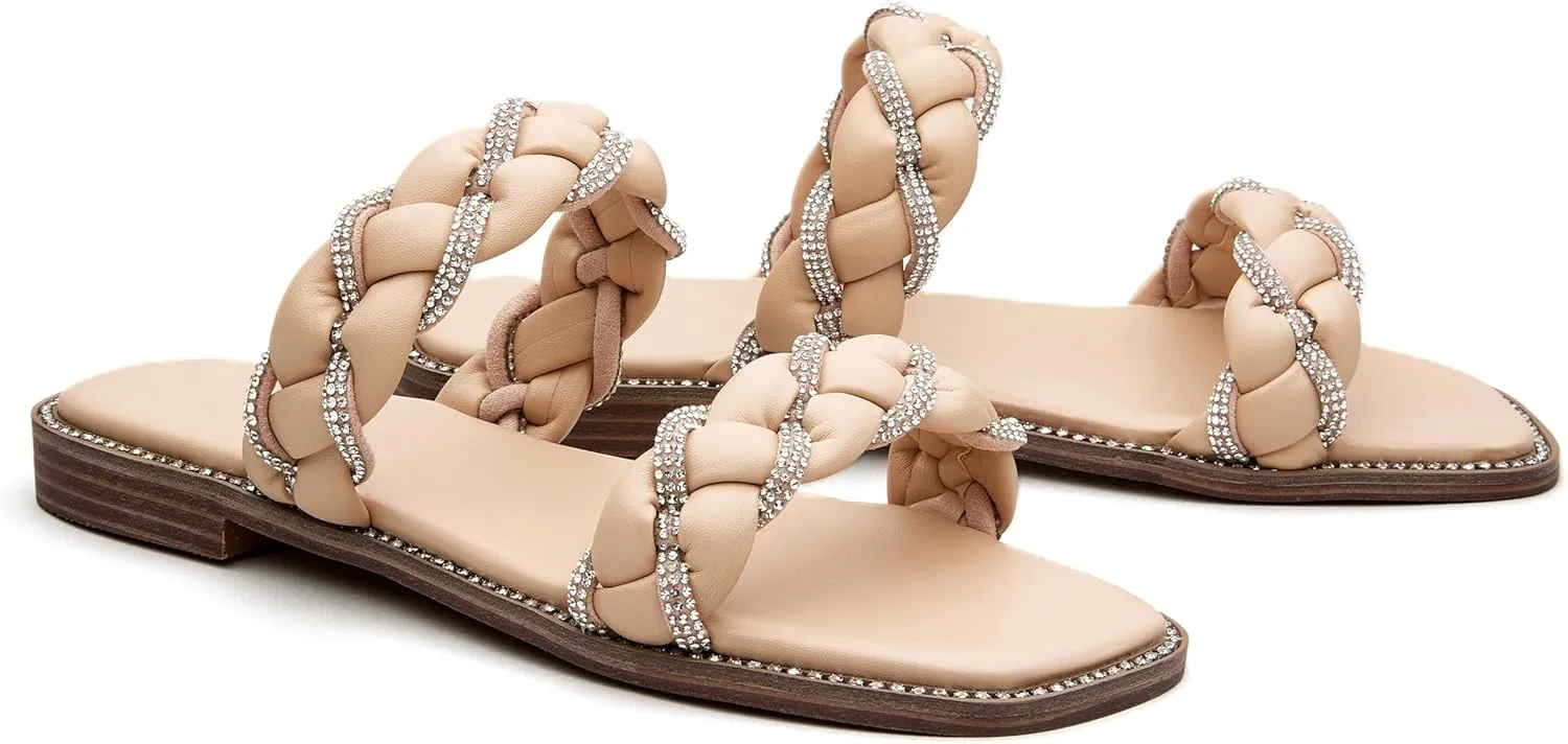Women's Braided Two Strap Slide Dressy Square Toe Sandal
