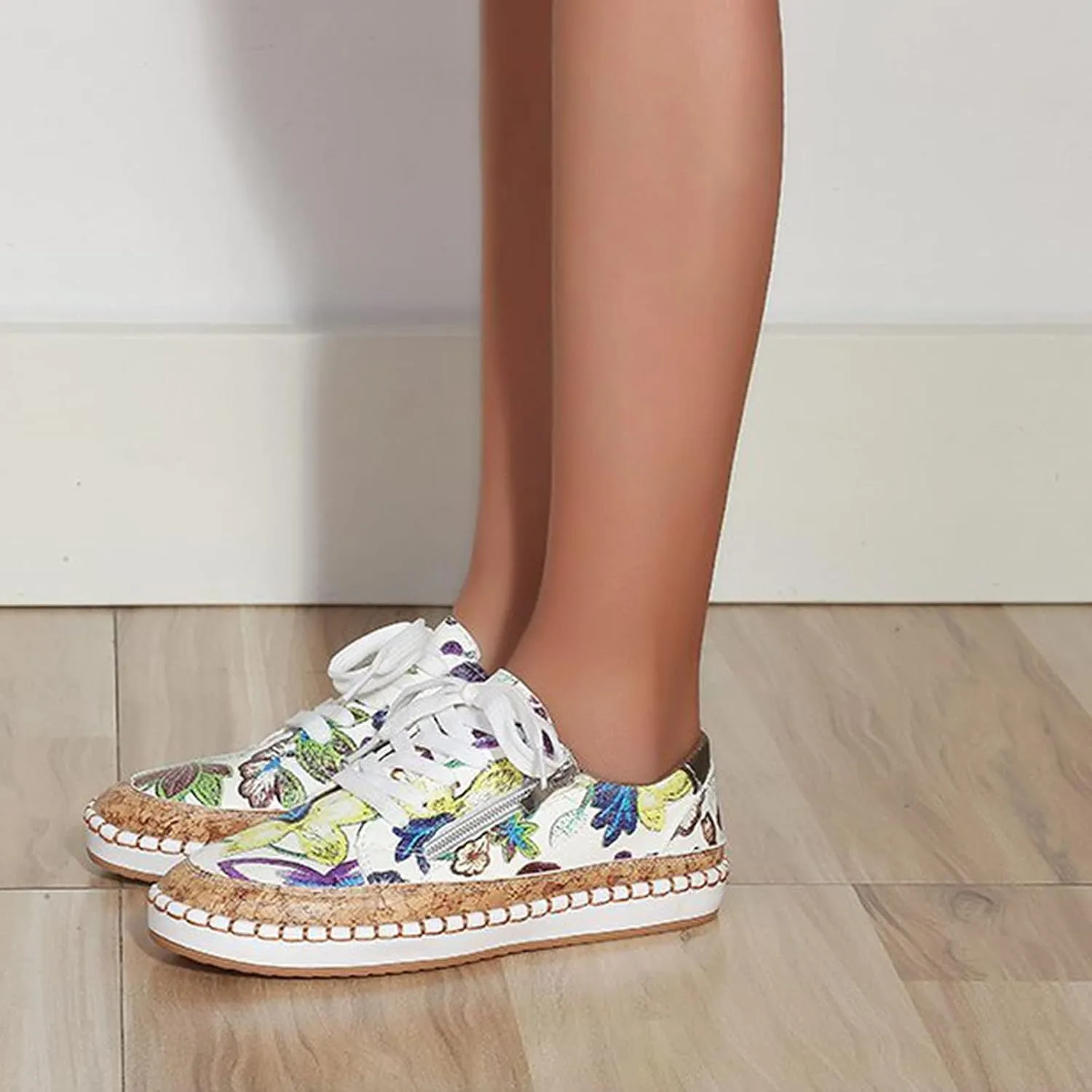 Women's Canvas Sneakers Classic Round Toe Low Cut Lace-Up Casual Shoes Fashion Comfortable Lightweight Floral Print Walking Flats