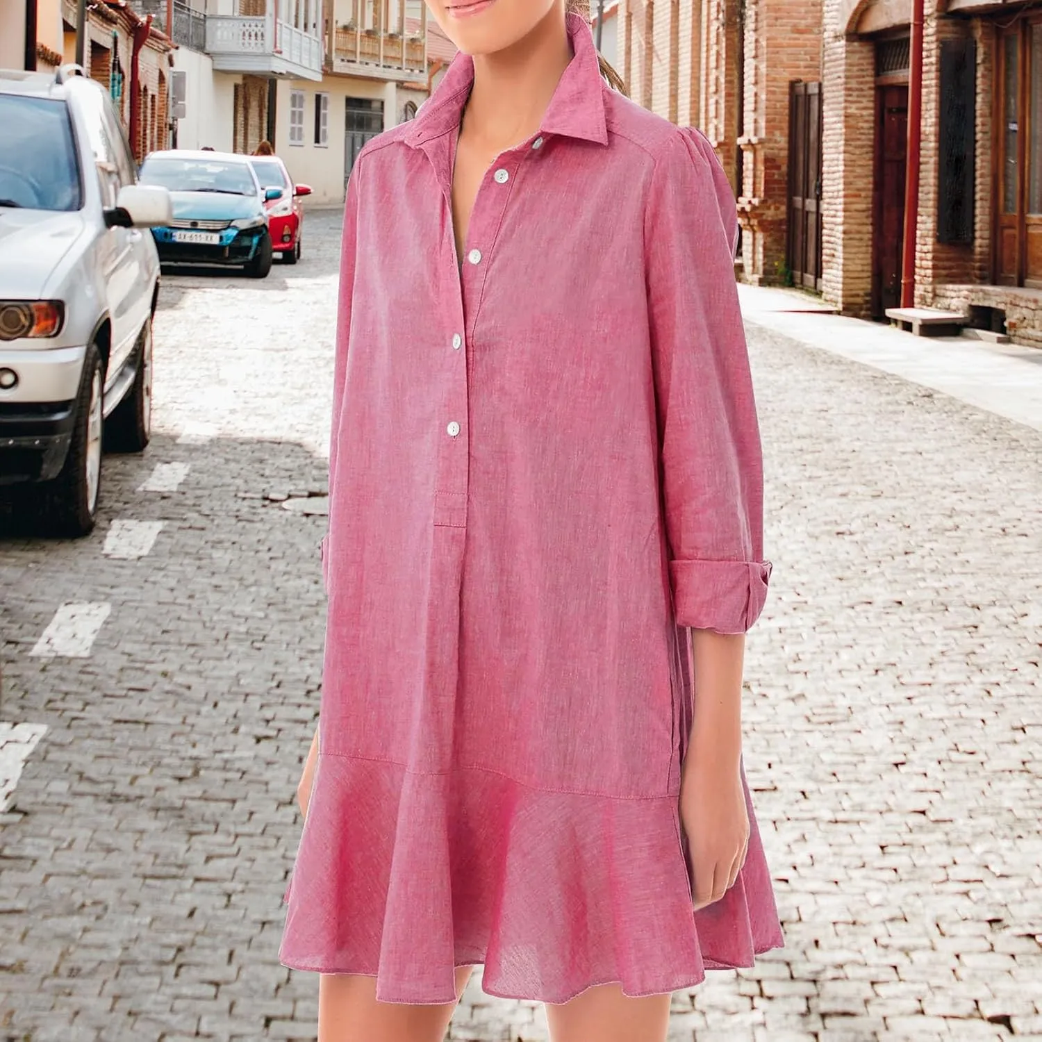 Womens Casual Button Down Shirt Dress Long Sleeve Collared Pleated Swing Mini Dresses Tunic Blouse Top