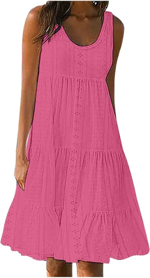 Women's Casual Dresses Casual U Neck Sleeveless Eyelet Summer Dresses Soft Hawaiian Beach Summer Midi Sundresses